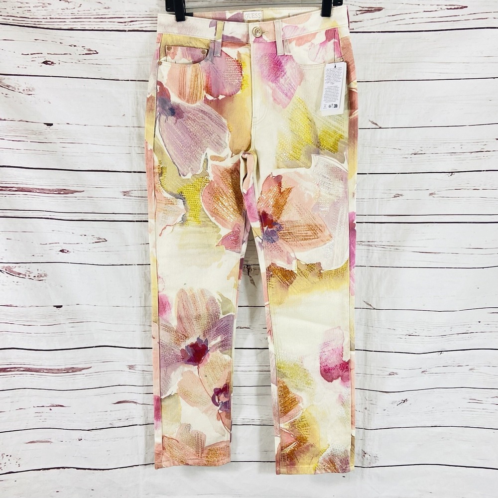 Guess Girly Jeans Women's 28 Metro Flower High Rise Straight Sequin Floral New